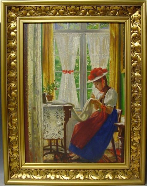 Junge Frau Beim Sticken Am Fesnster - In Schwarzwalder Tracht Oil Painting by Carl Kricheldorf