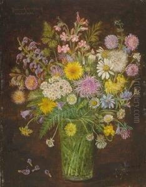 Wiesenblumen In Glasvase. Oil Painting by Hermann J. Gottlieb Kricheldorf