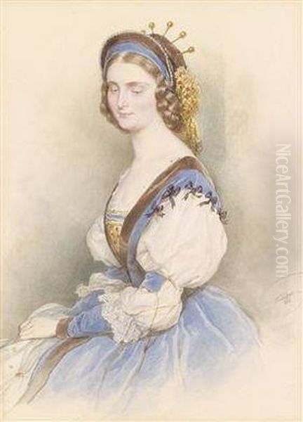 Bildnis Einer Jungen Dame In Blauem Kleid Oil Painting by Josef Kriehuber