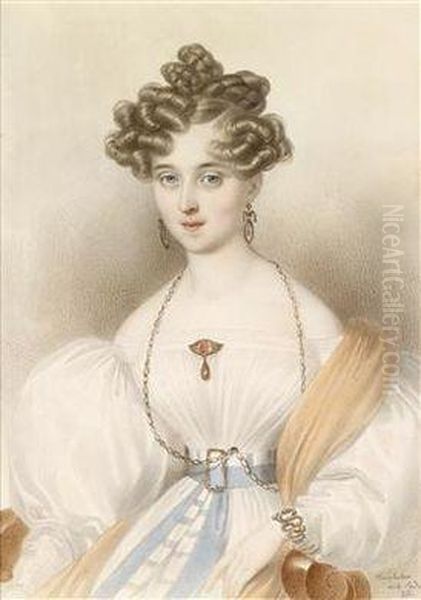 Bildnis Einer Jungen Blonden Frau In Weisem Kleid Und Beigem Shawl Oil Painting by Josef Kriehuber