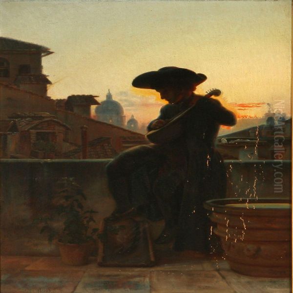 Evening Scene From Romewith A Mandolin Player On A Terrace Oil Painting by Pietro Krohn