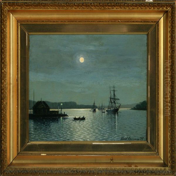 Moonlight With Sailing Ships In The Roads, Svendborgsund Oil Painting by Albert Kromann