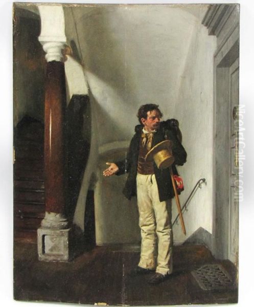 Perplexed Man In Hallway With Coin In Hand Oil Painting by Carl Kronberger