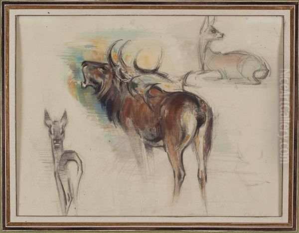 Rohrender Hirsch Und Zwei Rehe Oil Painting by Christian Johann Kroner