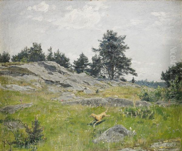 Sommarlandskap Med Jagare Och Hund Oil Painting by Johan Krouthen