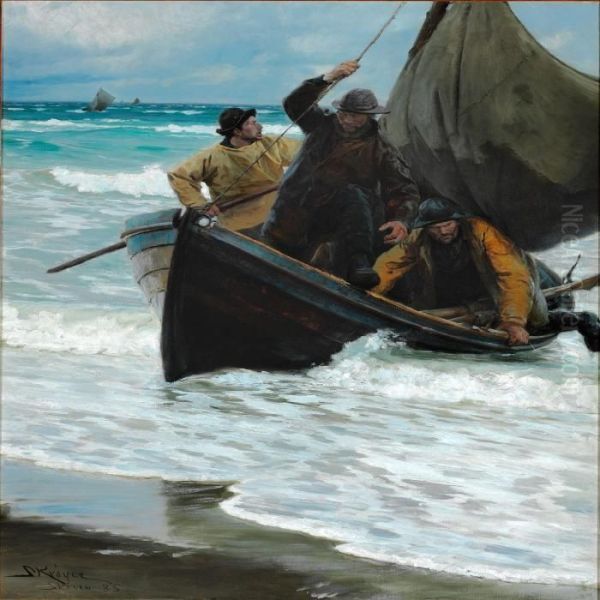 Hjemvendende Fiskere Ifaerd Med At Stryge Sejlene Paa Baaden, Der Lober Ind Mod Strandkanten Oil Painting by Peder Severin Kroyer