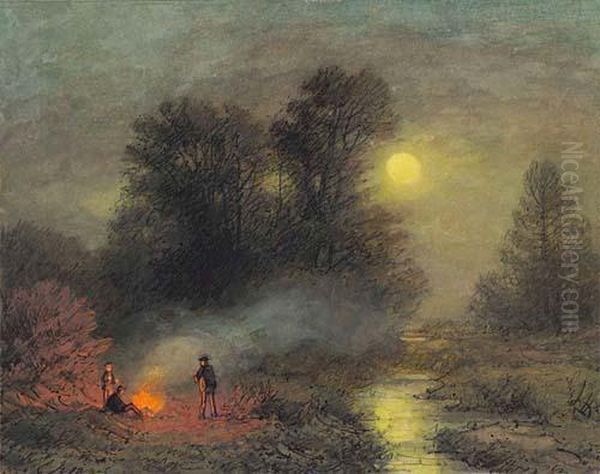 A Night Landscape With Figures At A Campfire Oil Painting by Carl Johann Kruger