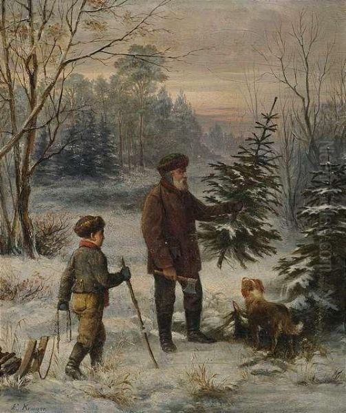 Father And Son In A Wintry Forest Cutting Down A Tree Oil Painting by Franz Ludwig August Kruger