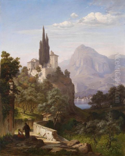 View Of A Lakein Northern Italy Oil Painting by Hermann Kruger