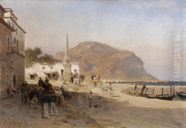 Reges Treiben Am Strand Von Palermo. Oil Painting by Hermann Kruger