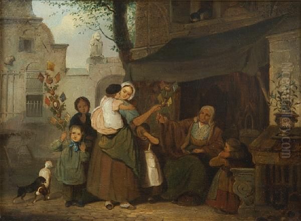 A Market Scene Oil Painting by Cornelis Kruseman