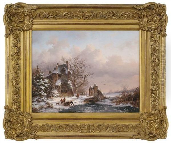 Abendliche Winterlandschaft Mit Einem Villenanwesen Und Holzsammlern Oil Painting by Frederik Marianus Kruseman