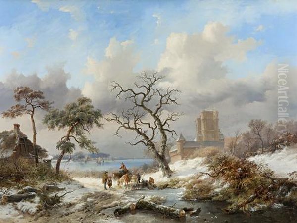 Winter Landscape With Figures Oil Painting by Frederik Marianus Kruseman