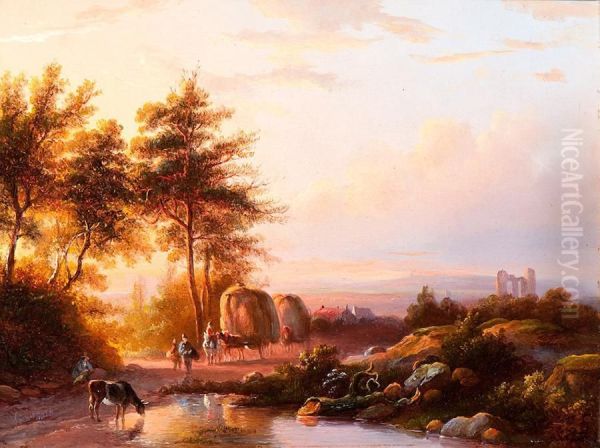 Transporting Hay At Dusk Oil Painting by Frederik Marianus Kruseman