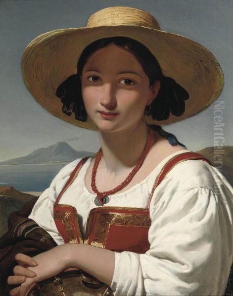 Portrait Of A Neapolitan Girl, With The Vesuvius In The Distance Oil Painting by Frederik Marianus Kruseman