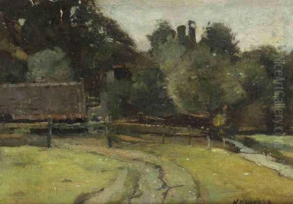 Farm Encompassed By Trees Oil Painting by Herman Kruyder