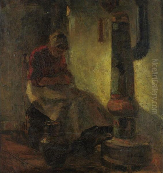 Mending By The Stove Oil Painting by Herman Kruyder