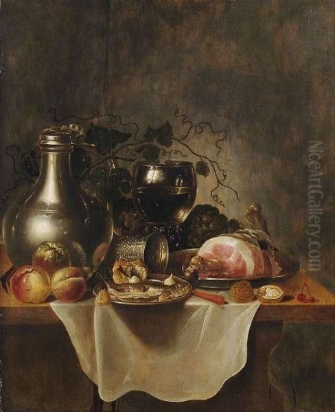 Breakfast Still Life With Pewter Jar, Rummer, Ham, Whiteherring And Fruits On A Table. Oil Painting by Cornelis Cruys