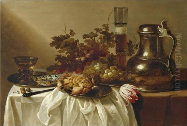 Still Life With A Pewter Flagon Together With A Glass Of Beer, Acrab, A Blue-and-white Dish And A Roemer On Pewter Dishes, Togetherwith A Knife, Hazelnuts, A Tulip And Bunches Of Grapes On A Tablepartly Draped With A White Cloth Oil Painting by Cornelis Cruys