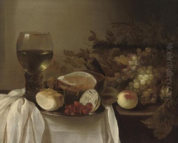 A Roemer Of Wine, A Pewter Platter With A Bread Roll, A Bowl Of Raspberries, A Joint Of Ham, Peaches And Grapes On A Partly-draped Table Oil Painting by Cornelis Cruys