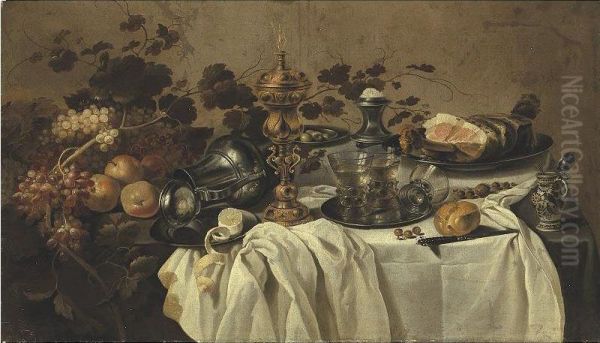 A Gilt Cup And Cover, An Overturned Pewter Jug, Fruit, A Ham On A Pewter Plate, Three Berkmeyer Glasses On A Pewter Plate, A Salt, A Porcelain Mustard Pot, A Knife And A Partly Peeled Lemon On A Partly Draped Table. Oil Painting by Cornelis Cruys