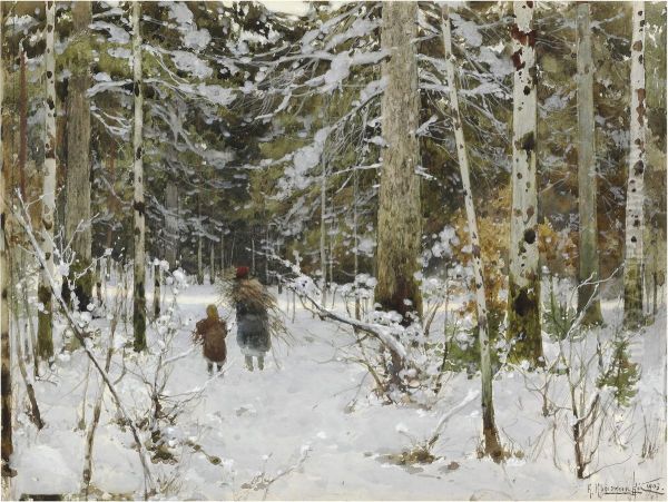 Gathering Branches In Winter Oil Painting by Constantin Kryschitskij