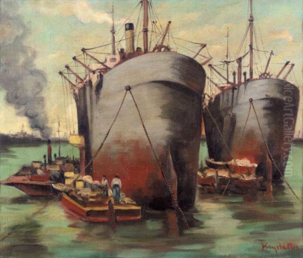 Ships In A Harbour Oil Painting by Andreas Krystallis