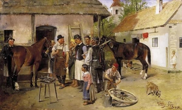 In The Yard Of The Blacksmith Oil Painting by Lajos Kubanyi