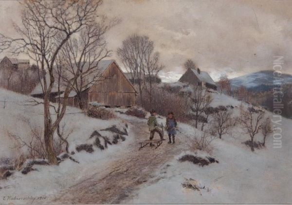 Verschneite Dorfhauser Und Zwei Kinder Mit Schlitten Oil Painting by Erich Kubierschky