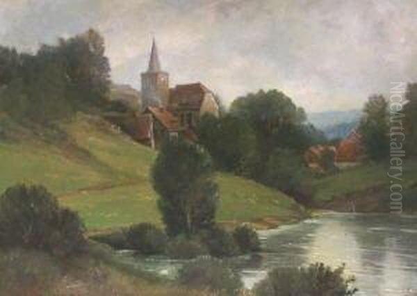 Baumbestandene Flusslandschaft Mit Kirche Und Hausern. Ol Auf Malpappe, Etwas Verzogen. 58 X 79,5 Cm. Munchen 1904. Links Unten Signiert Und Datiert Sowie Ruckseitig Signiert, Datiert Und Mit No. 267 Versehen. Gerahmt. Oil Painting by Erich Kubierschky