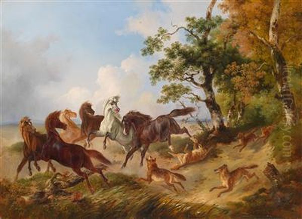 Von Wolfen Angefallene Pferde Oil Painting by Ludwig Kubler