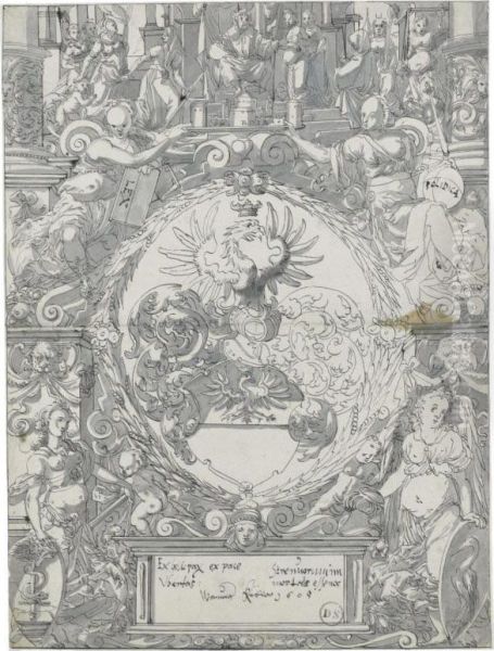 An Elaborate Coat Of Arms With The Calumny Of Apelles Above Oil Painting by Werner Kubler