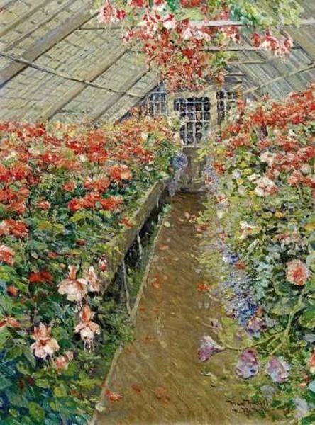 Blossoming Geranium And Begonias In A Greenhaus Oil Painting by Max Kuchel