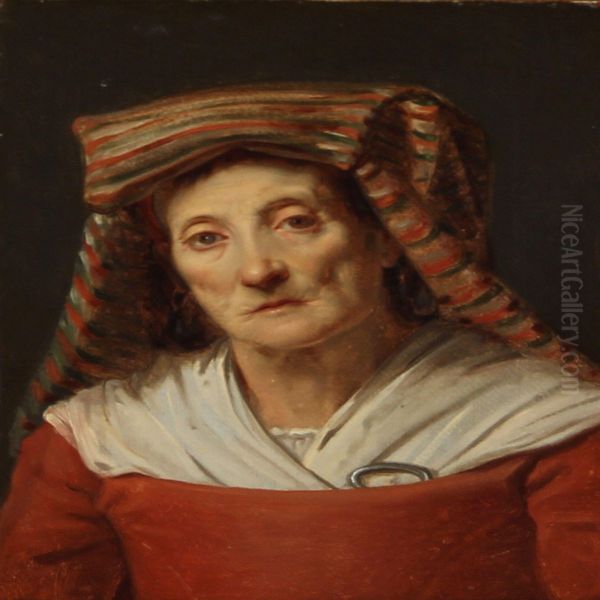 Italian Woman In A Red Dress And A Striped Headdress Oil Painting by Albert Kuchler