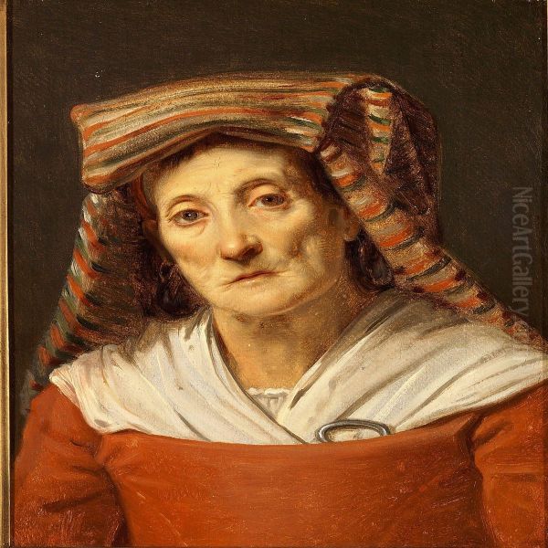 Italian Woman In A Red Dress And A Striped Headdress Oil Painting by Albert Kuchler