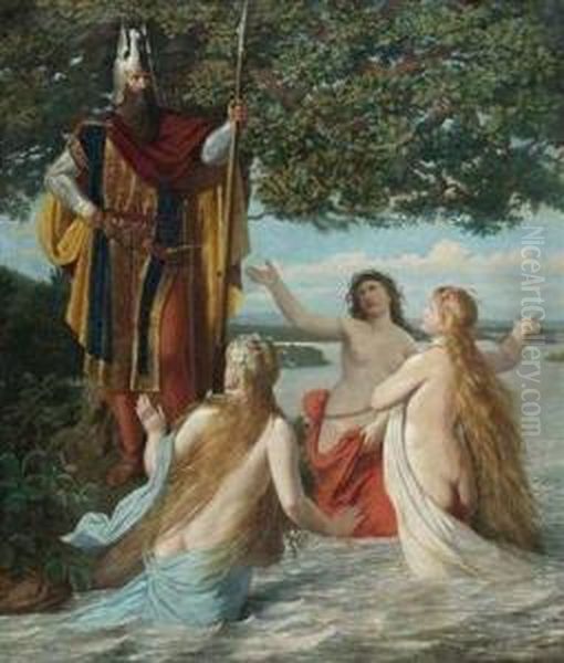 Hagen Bei Den Drei Rheintochtern Oil Painting by Georg Kugler