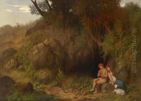 Romantic Scene With Shepherd Couple Oil Painting by Georg Kugler