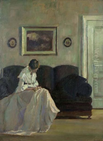 Interior With Lady. Oil Painting by Josef Ii Kuhn