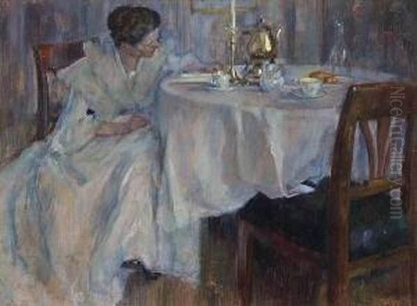 Dame Am Teetisch. Oil Painting by Josef Ii Kuhn