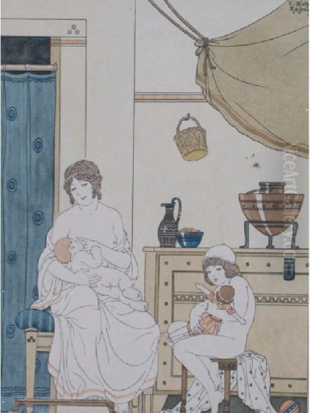 A Woman Feeding A Baby In An Interior Oil Painting by Joseph Kuhn-Regnier