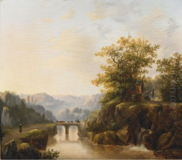 Figures At A Bridge Over A River Landscape Oil Painting by Pieter Lodewijk Kuhnen