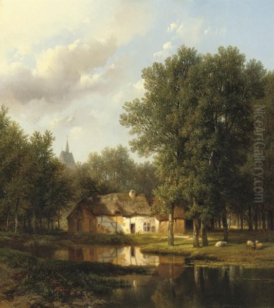 A Sunlit Cottage Near A Pond Oil Painting by Pieter Lodewijk Kuhnen