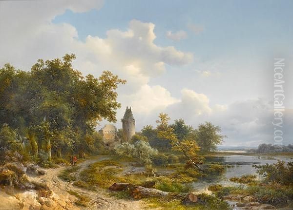 Figures On A Country Lane Beside A Ruined Castle Oil Painting by Pieter Lodewijk Kuhnen