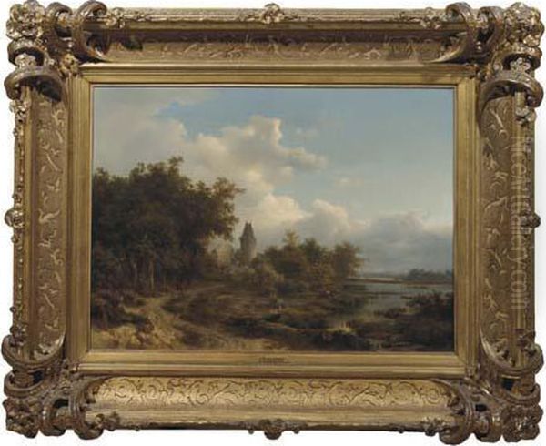 Figures By A Ruin In An Extensive Wooded Landscape Oil Painting by Pieter Lodewijk Kuhnen