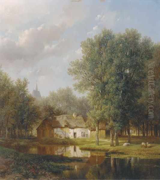 Sheep Before A Farmhouse In A Wooded River Landscape Oil Painting by Pieter Lodewijk Kuhnen