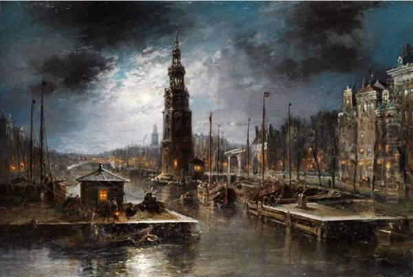 Hollandische Hafenstadt Bei Nacht Oil Painting by Jan Kuijpers