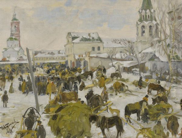 Murom City Square And Horse And Cart: Two Works Oil Painting by Ivan Semionovich Kulikov