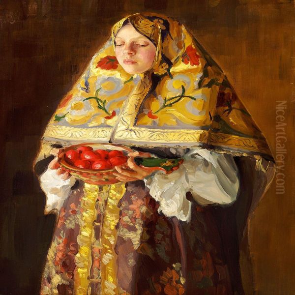 A Young Russian Woman With A Dish Of Apples Oil Painting by Ivan Semionovich Kulikov