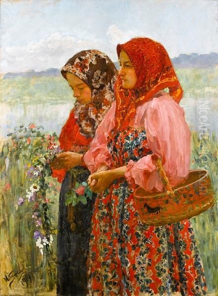 Two Young Girls Gathering Flowers Oil Painting by Ivan Semionovich Kulikov