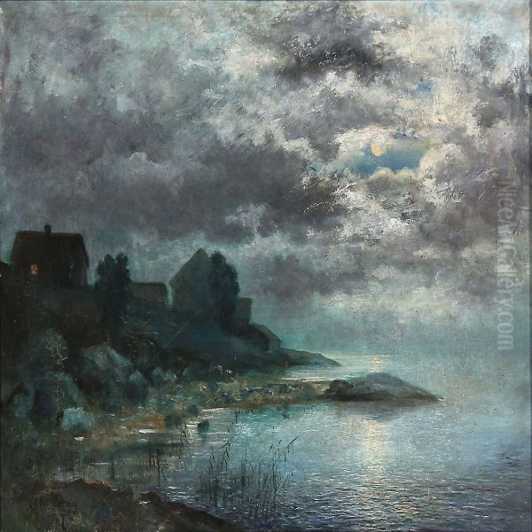 Coastal Scene In Moonlight Oil Painting by Isak Fredrik Kullberg